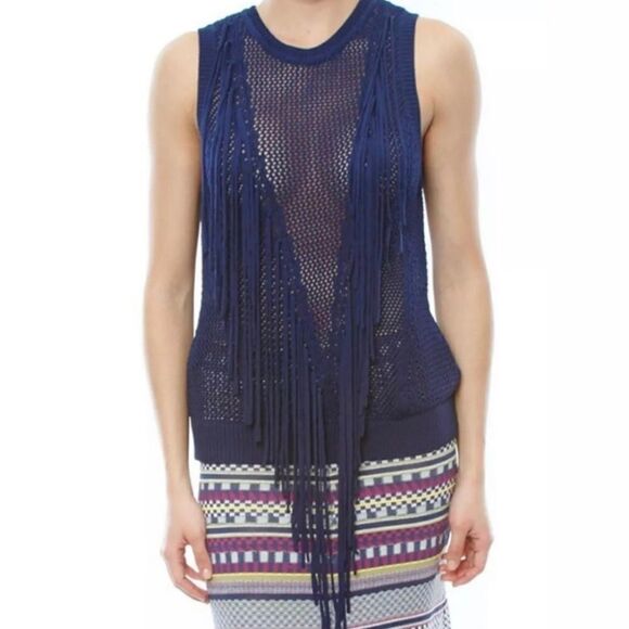 Ronny Kobo Ranja Navy Fringed Vest Sheer Open Knit Assymetical